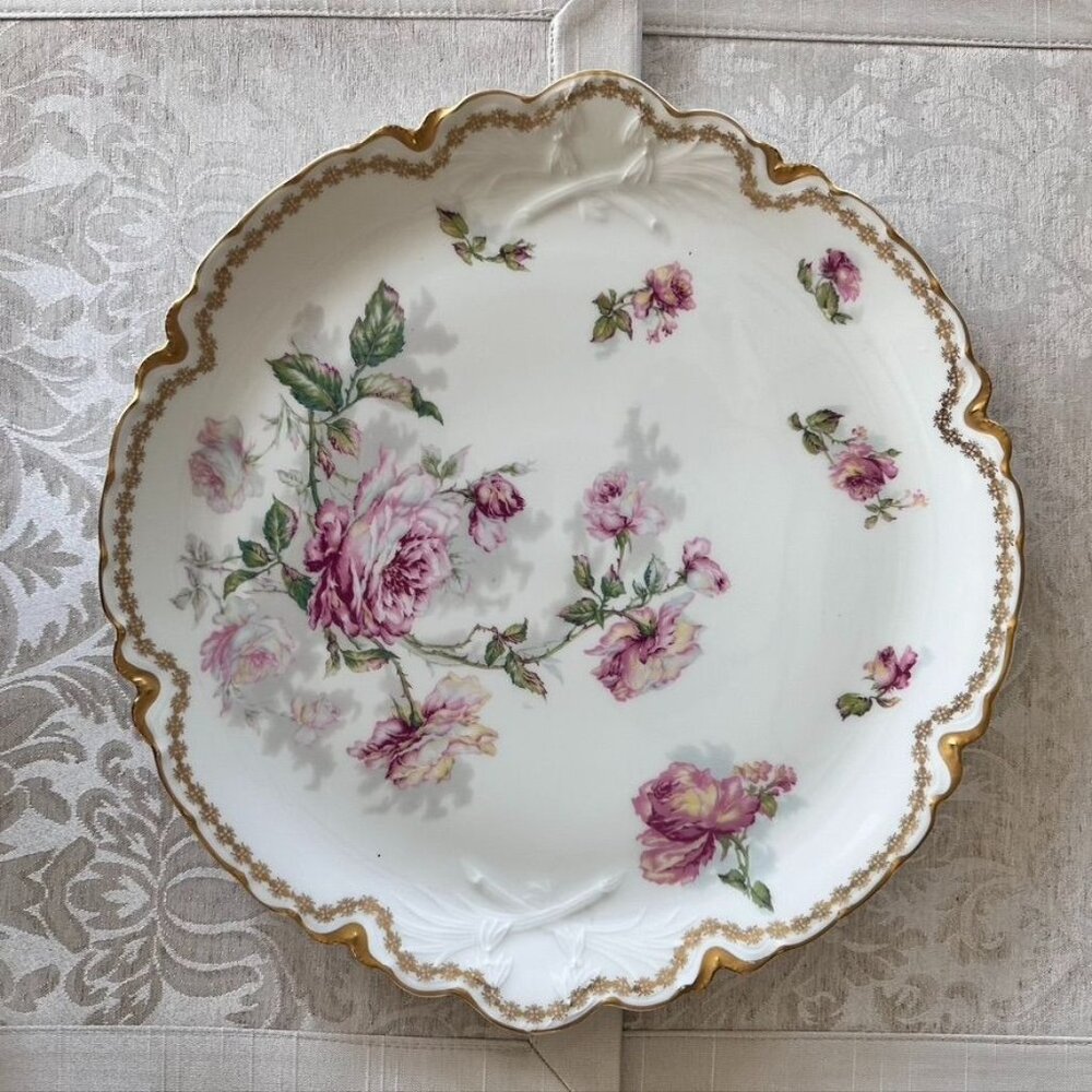 Antique Haviland Limoges Platter Pink Rose Plate Double Gold Trim France 13"